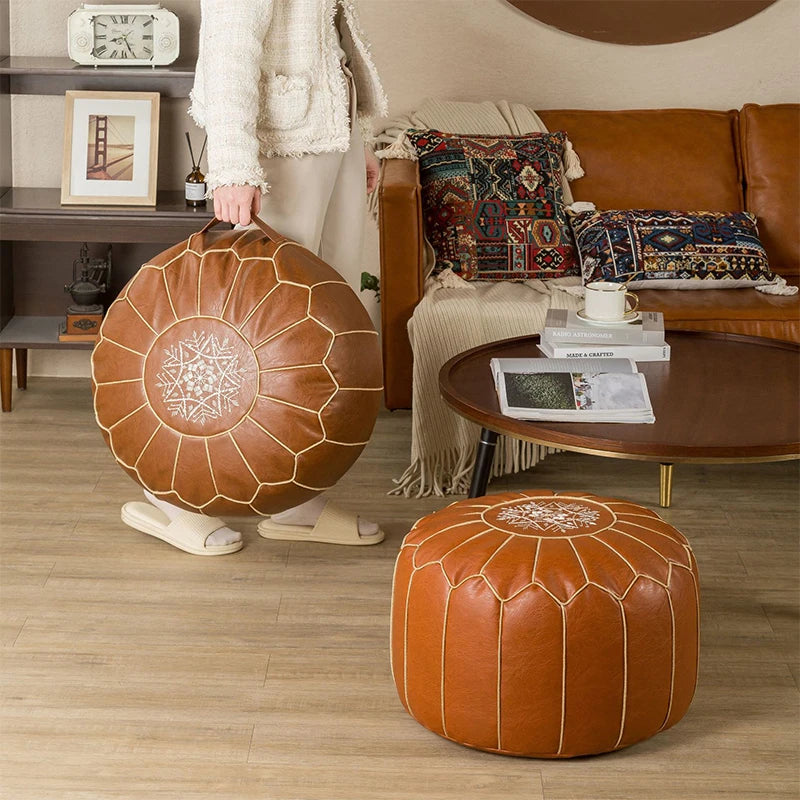 Embroidered Moroccan Leather Pouf Cover