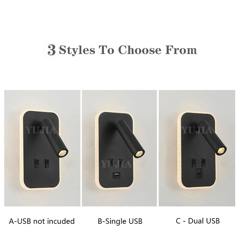 Modern Led Wall Sconce Reading Light 2 Switches Type-A & Type-C USB