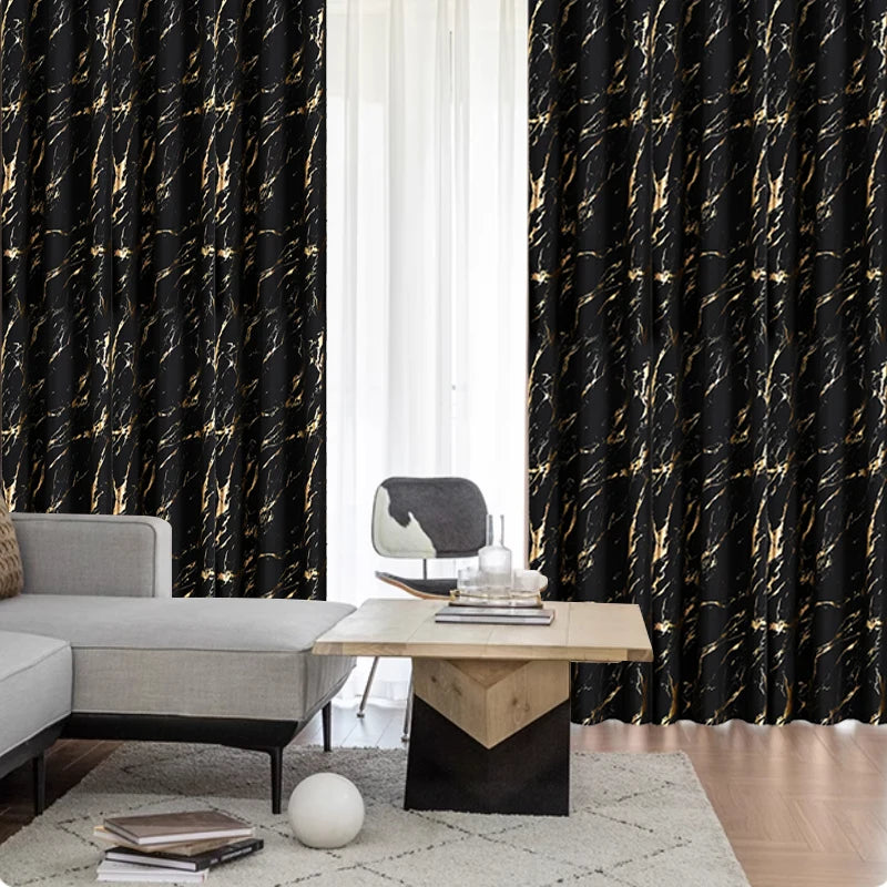 100% Blackout Curtains Luxury Marble Pattern Curtain With Gold Foil