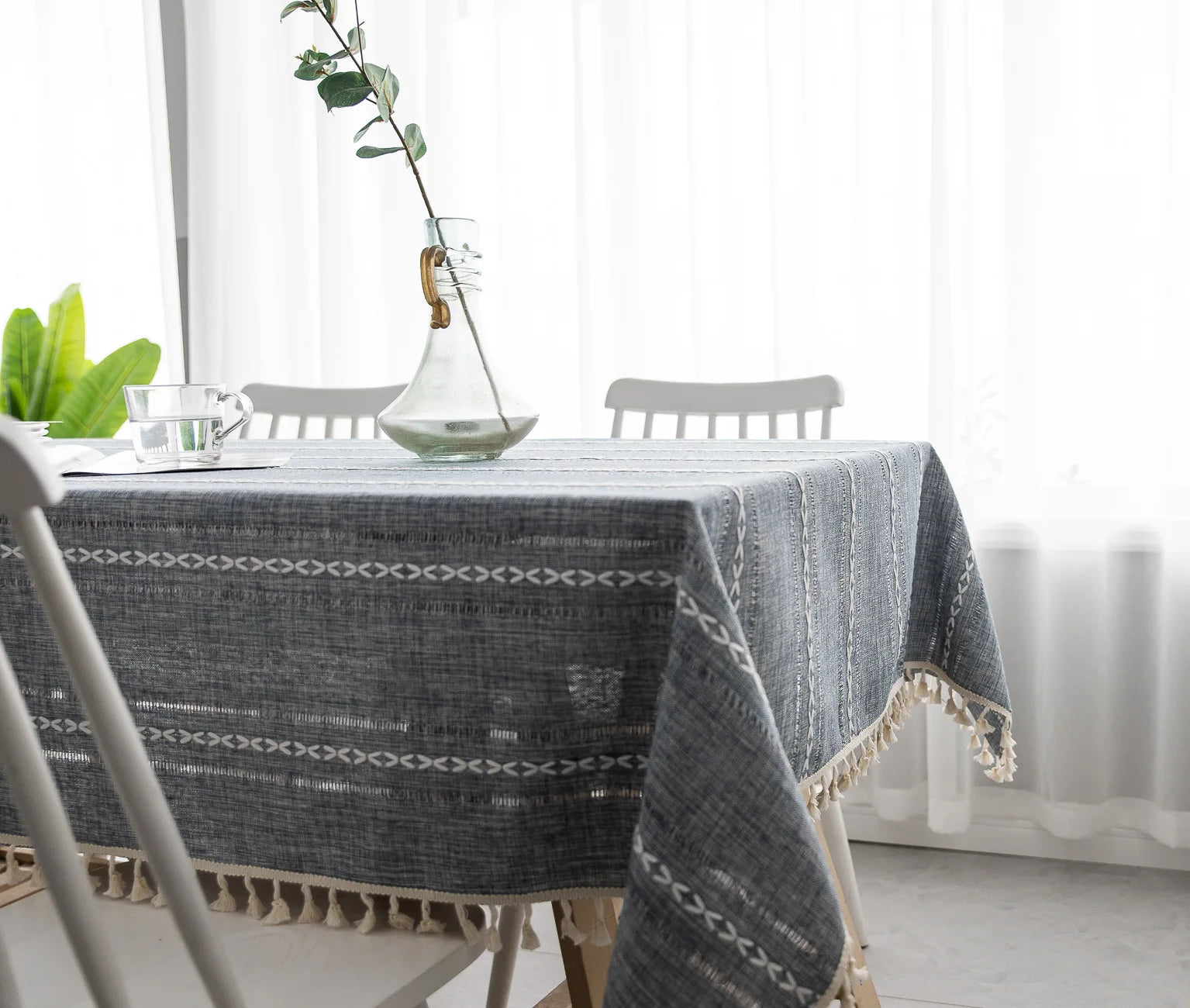 Cotton Linen Stripe Tassel Tablecloth Stain Resistant Dust-Proof Table