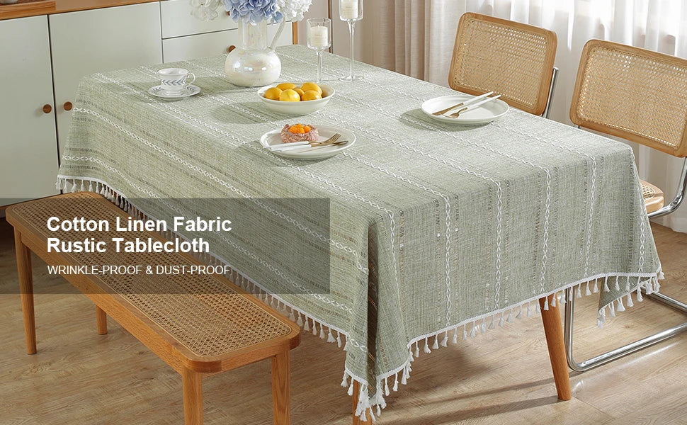 Cotton Linen Stripe Tassel Tablecloth Stain Resistant Dust-Proof Table