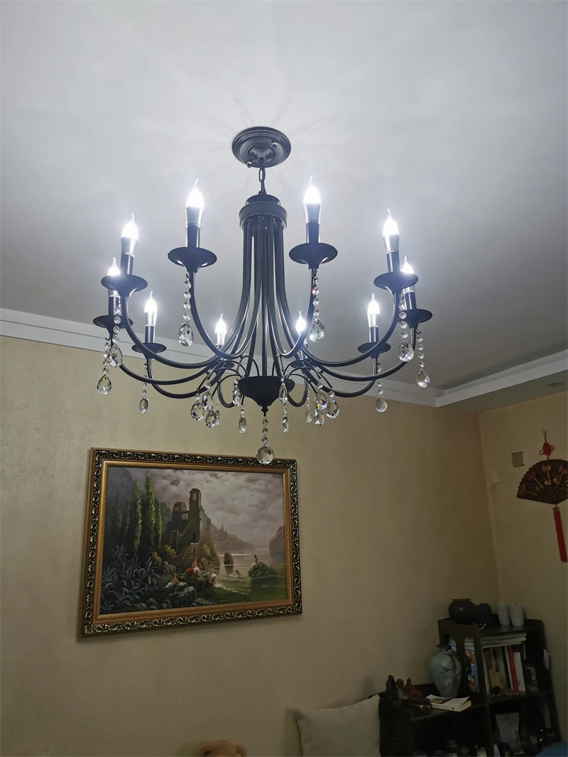 New Wrought Iron Crystal Chandelier European Classic Black Candle Lamp
