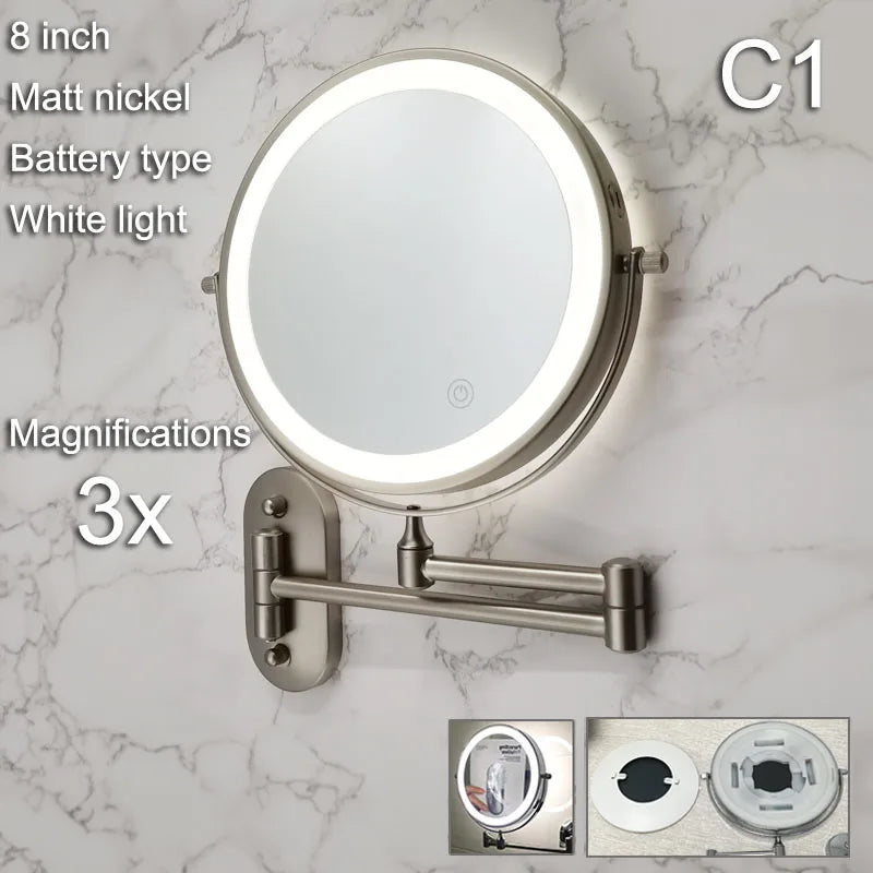 Golden Wall Mounted Folding Vanity Mirror, Double Sided with Fill Light