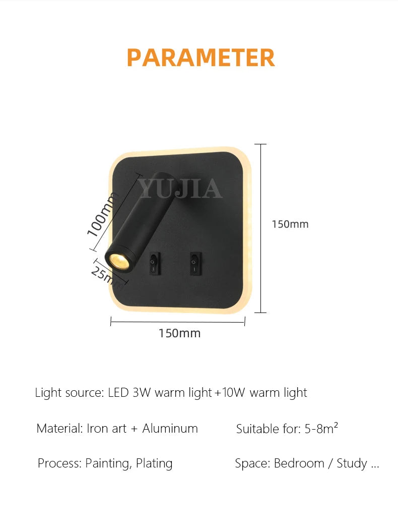Modern Led Wall Sconce Reading Light 2 Switches Type-A & Type-C USB