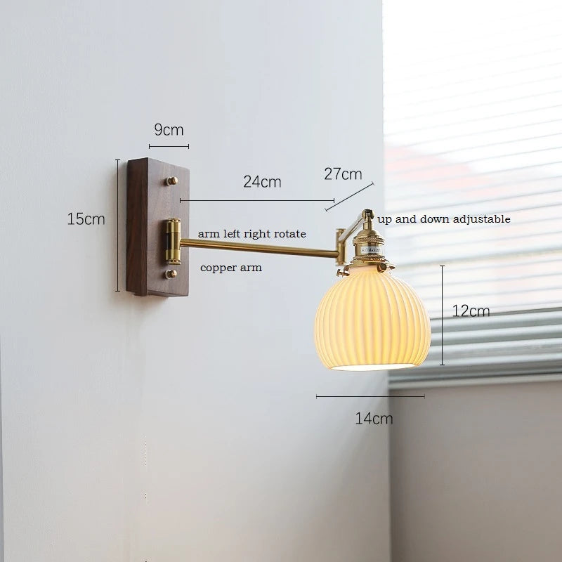 IWHD Walnut Ash Wood Canopy LED Wall Light Fixtures Pull Chain Switch Copper Arm Left Right Rotate Bedroom Beside Lamp Sconce