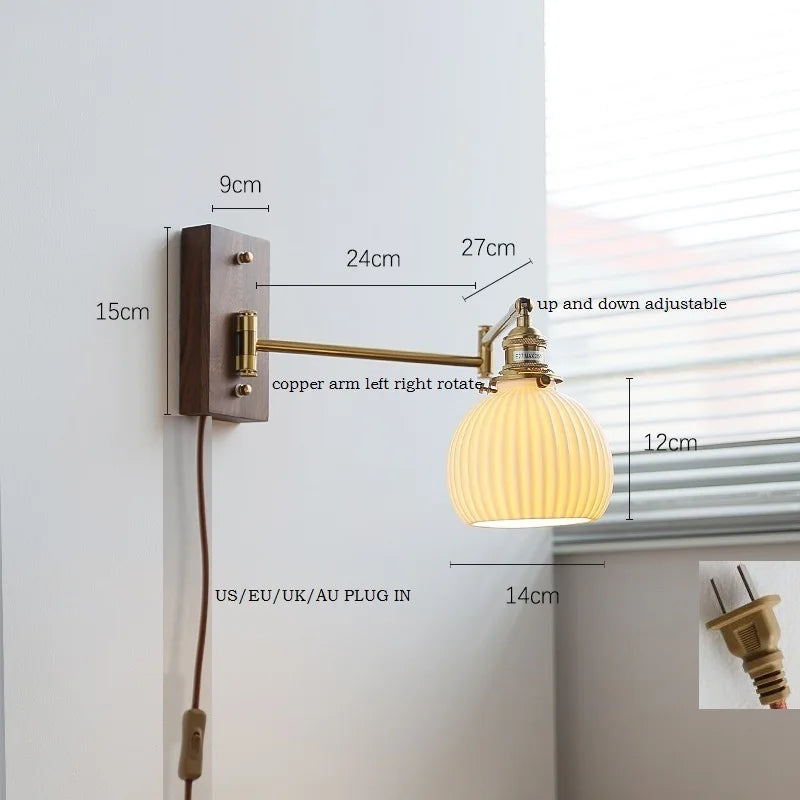 IWHD Walnut Ash Wood Canopy LED Wall Light Fixtures Pull Chain Switch Copper Arm Left Right Rotate Bedroom Beside Lamp Sconce