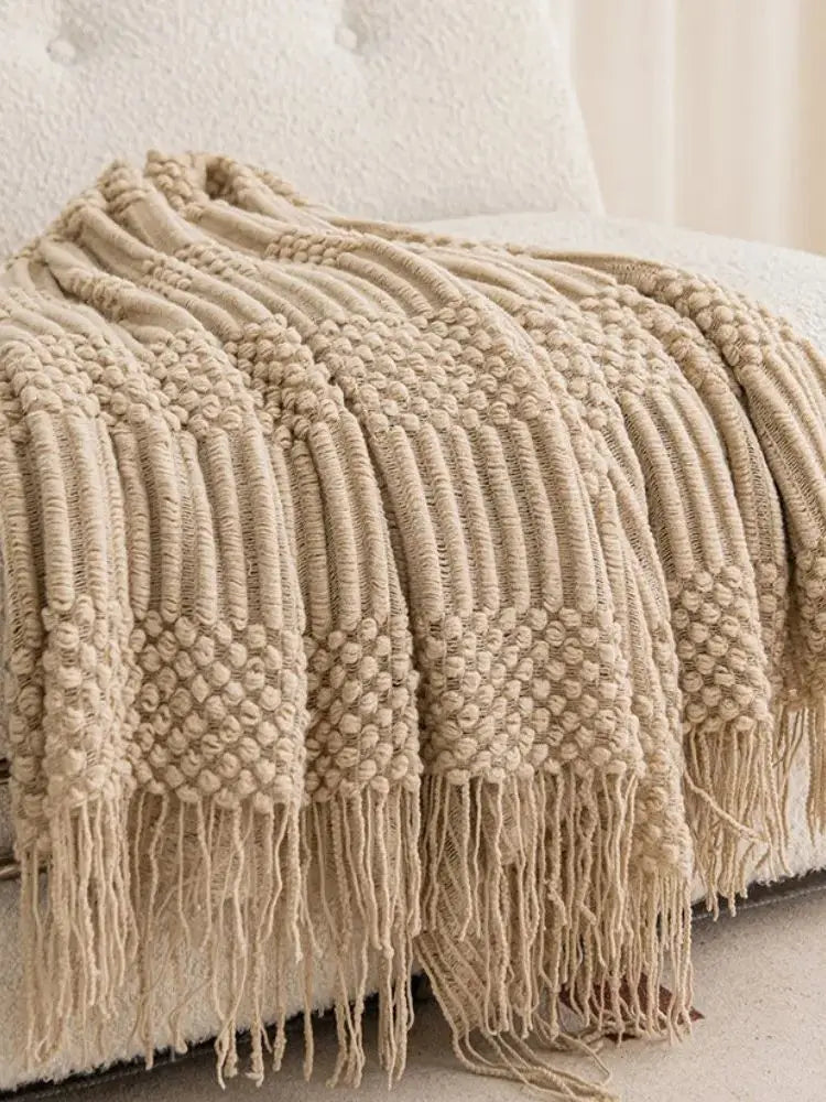 Khaki Gift Knitted Blanket with Tassels Chunky Vintage Luxury