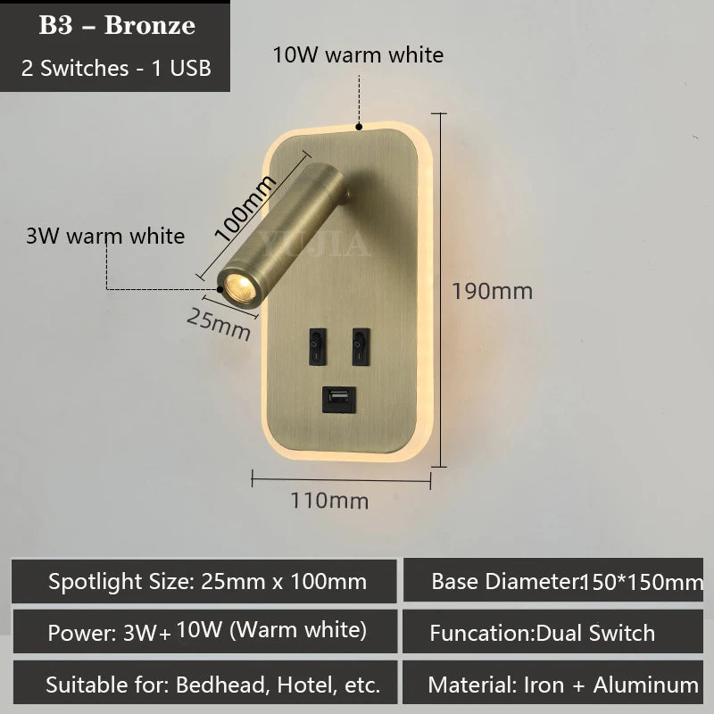 Modern Led Wall Sconce Reading Light 2 Switches Type-A & Type-C USB