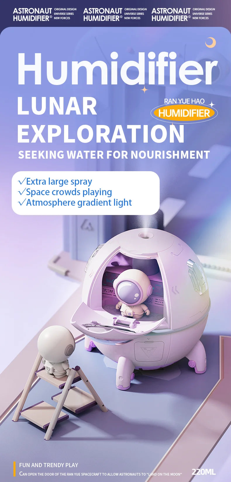 220mL Space Capsule Air Humidifier USB Plug in Rechargeable Mist