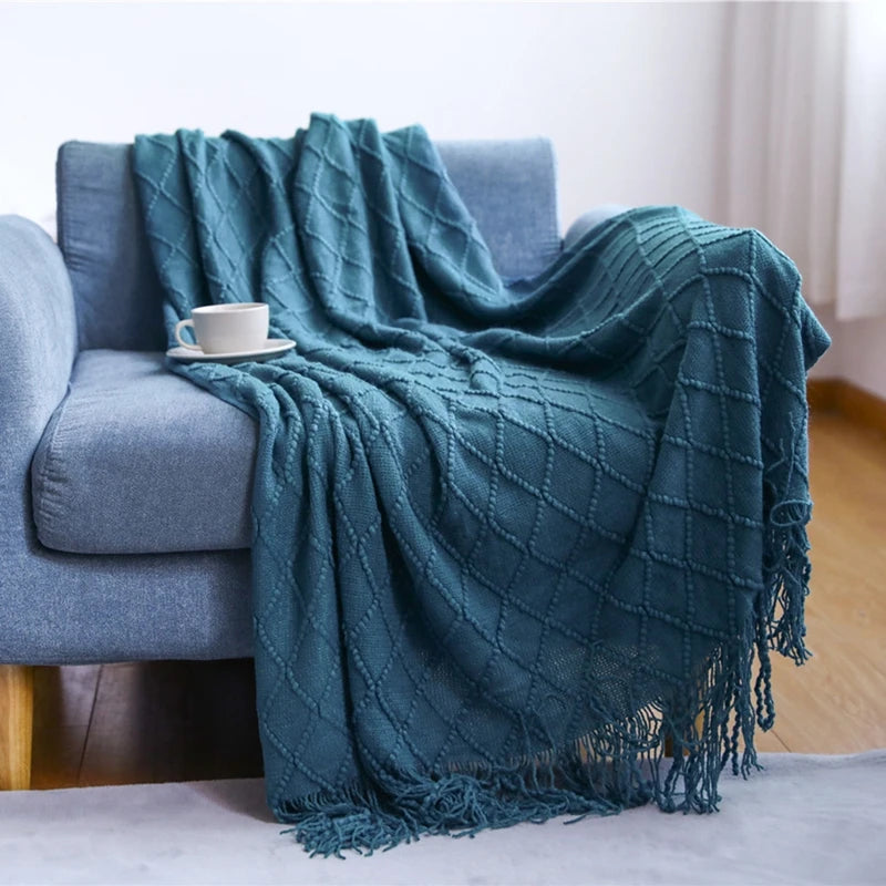 Khaki Gift Knitted Blanket with Tassels Chunky Vintage Luxury