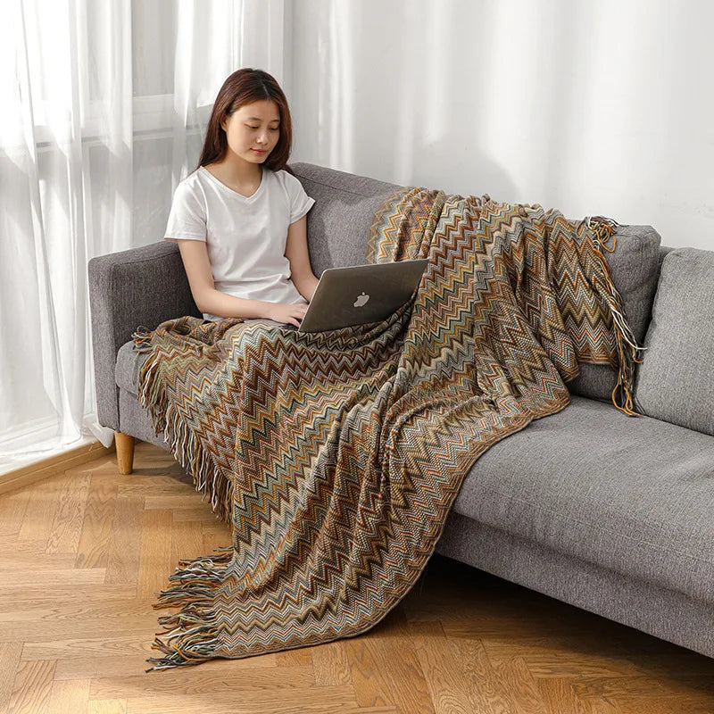 Boho Striped Knit Throw Blanket