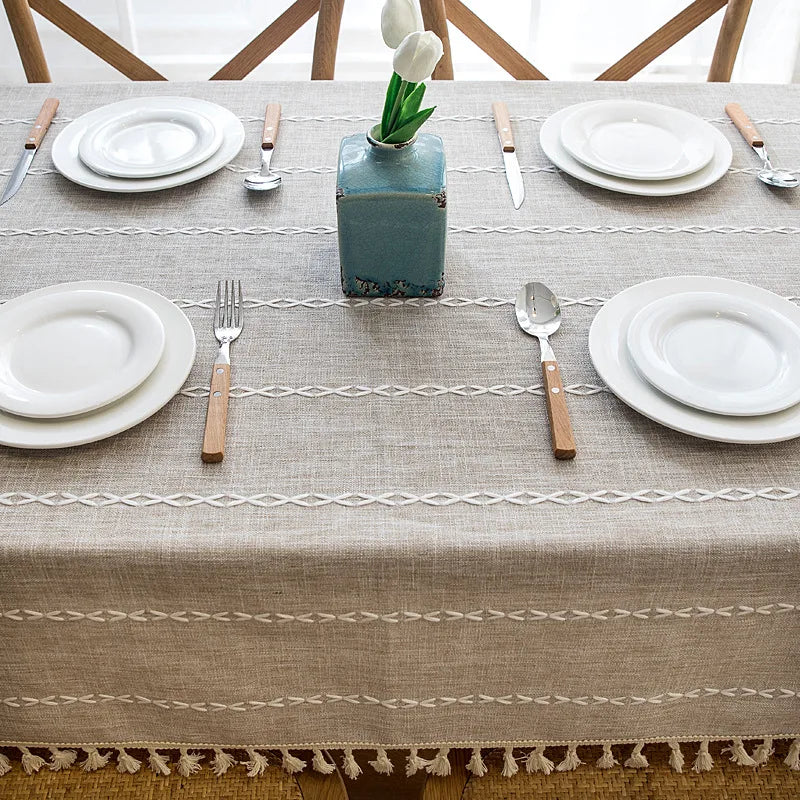 Cotton Linen Stripe Tassel Tablecloth Stain Resistant Dust-Proof Table