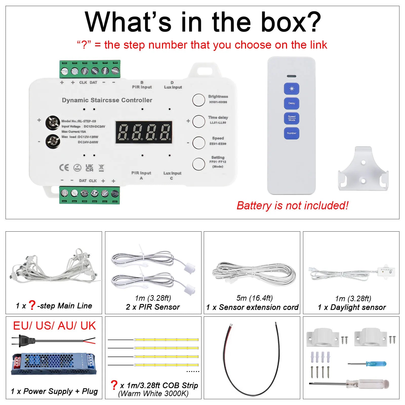 COB LED Strip PIR Motion Sensor Stair Lights Kit Step by Step Control