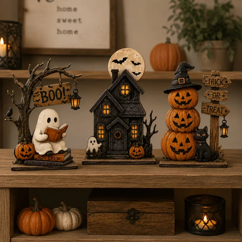 Retro Wooden Ghost, Cat and Pumpkin Blocks