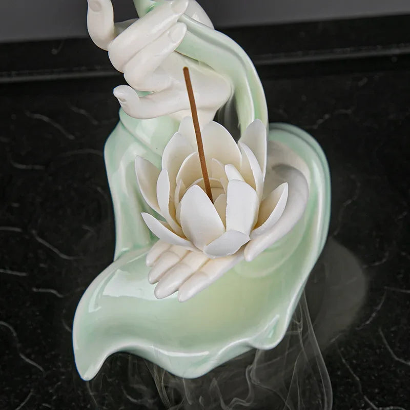 Celadon Lotus Hand Backflow Incense Burner