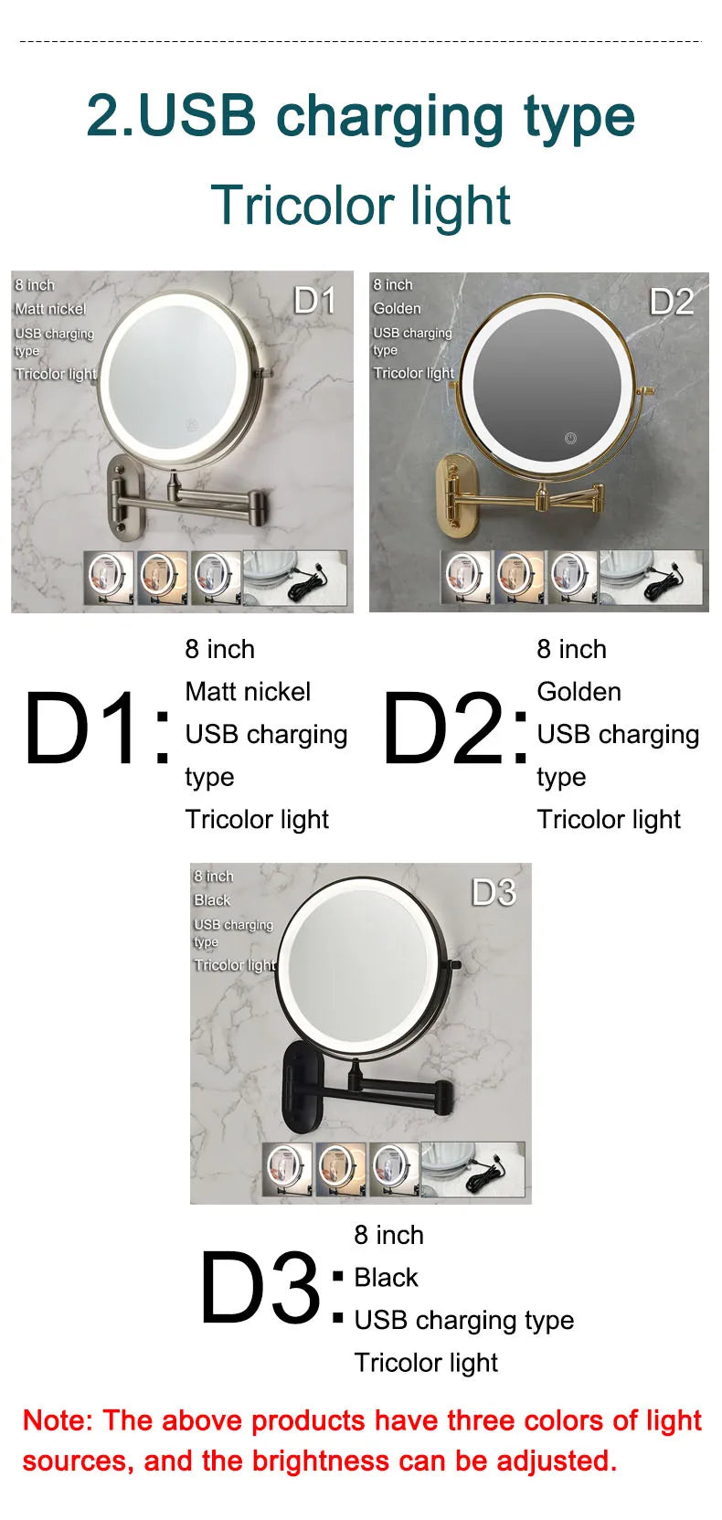 Golden Wall Mounted Folding Vanity Mirror, Double Sided with Fill Light