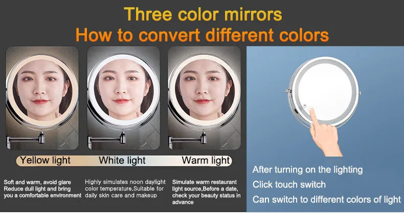 Golden Wall Mounted Folding Vanity Mirror, Double Sided with Fill Light