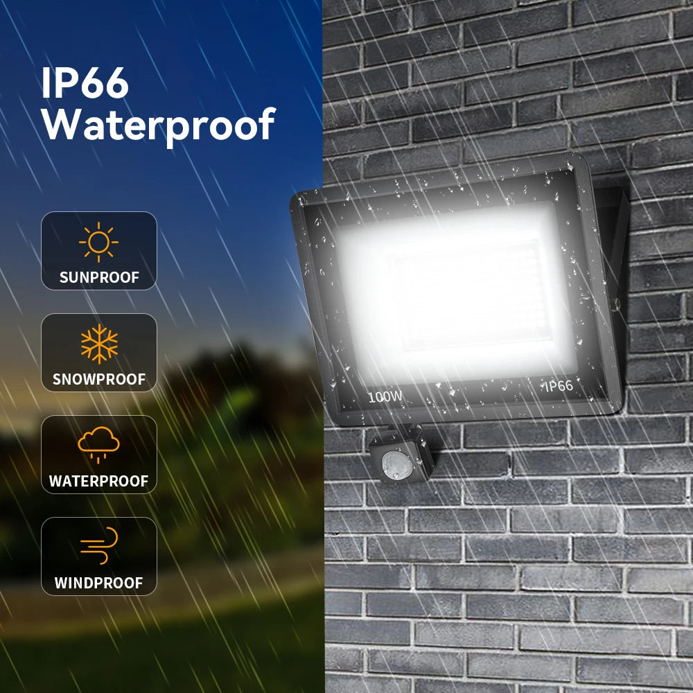LED PIR Motion Sensor Floodlight Outdoor Wall Light White Light 100W