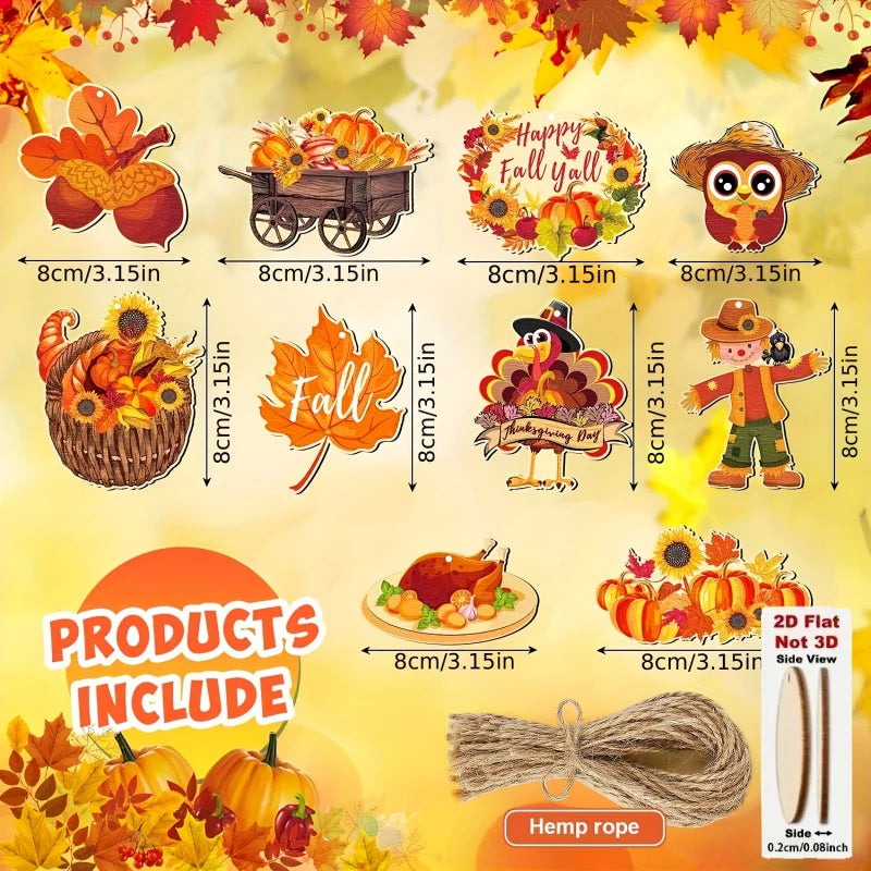 Wooden Pumpkin and Maple Leaf Hangings, Set of 10
