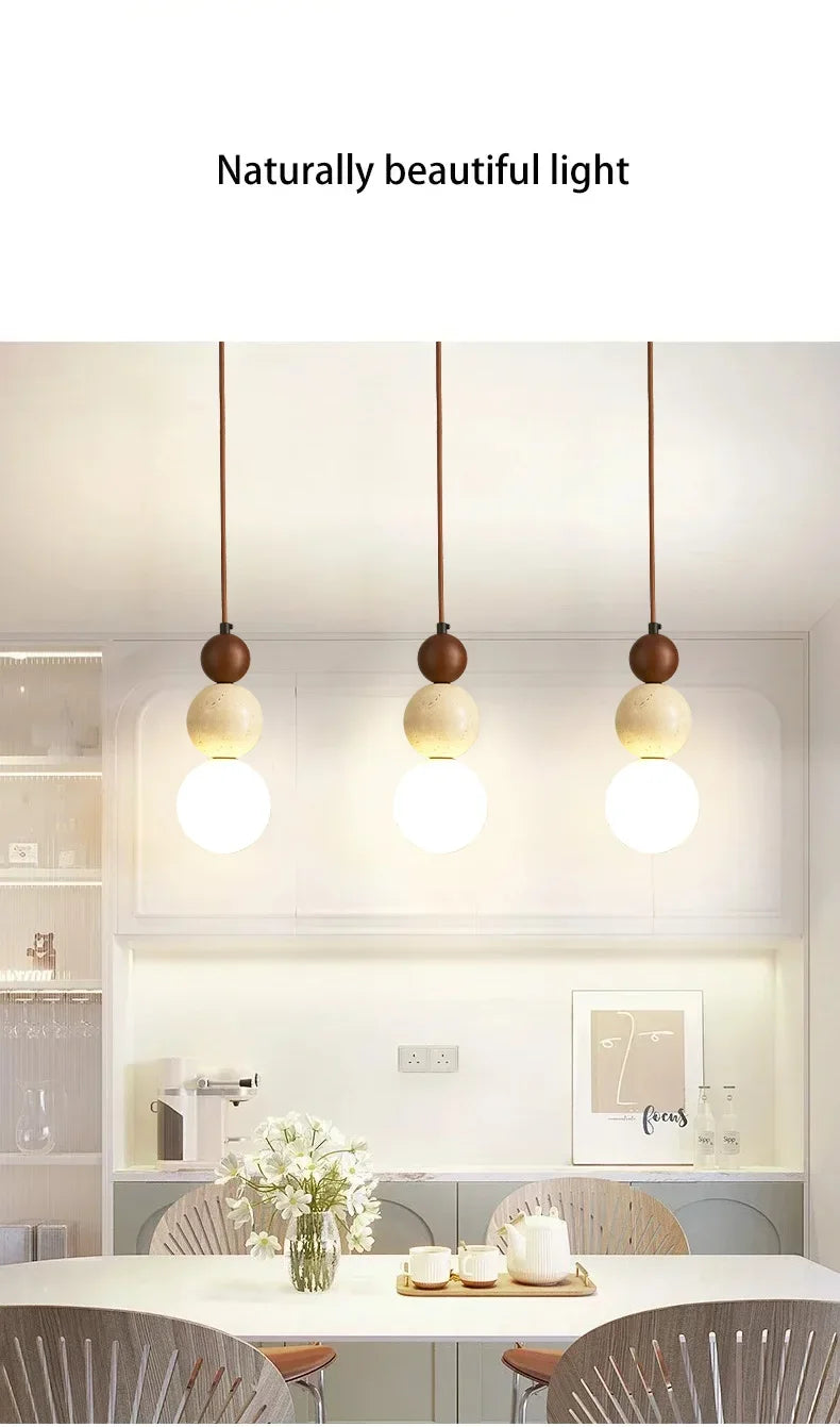 Cream Style Pendant Lamp Bedroom Bedside Led Chandelier Stone Wood