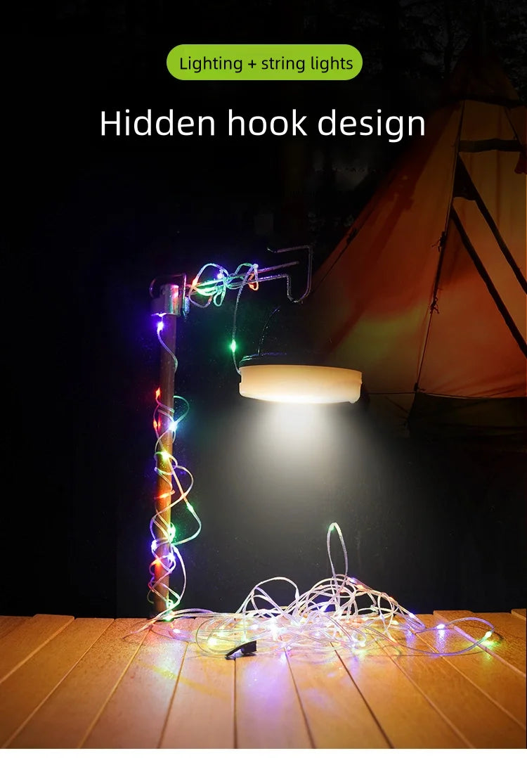 Solar Lights Outdoor Camping Light 10meter String Light Outdoor Tent Light RGB Atmosphere Light LED Flashlight with Hook ﻿