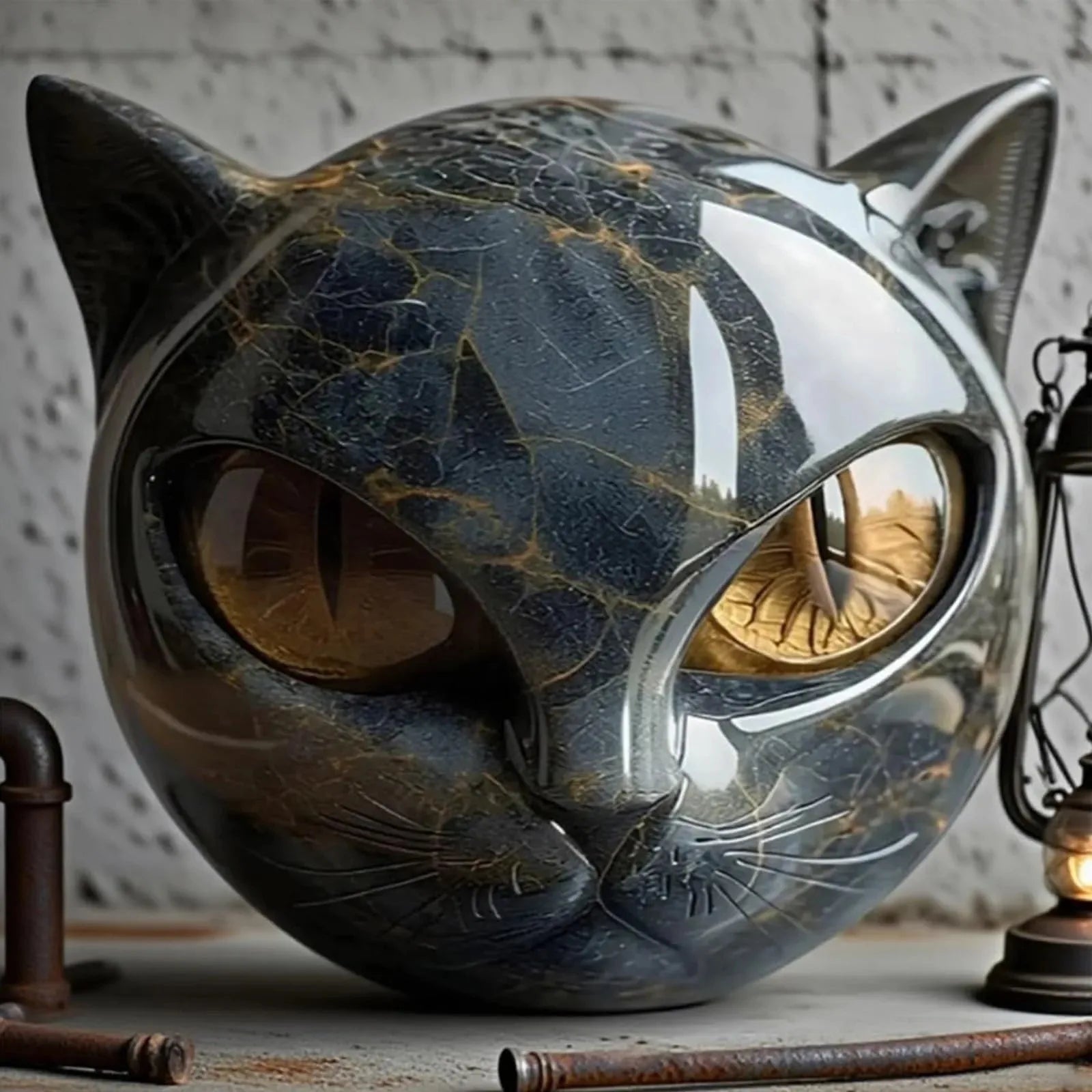 Decorative Black Cat Stone Figurine Resin Cat Head Healing Stone Marble