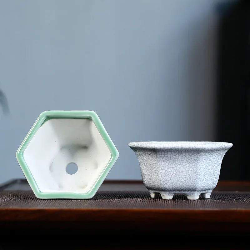 Hexagonal Glazed Ceramic Bonsai Pot