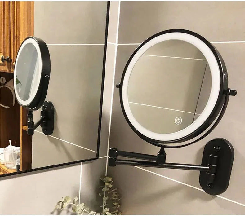 Golden Wall Mounted Folding Vanity Mirror, Double Sided with Fill Light