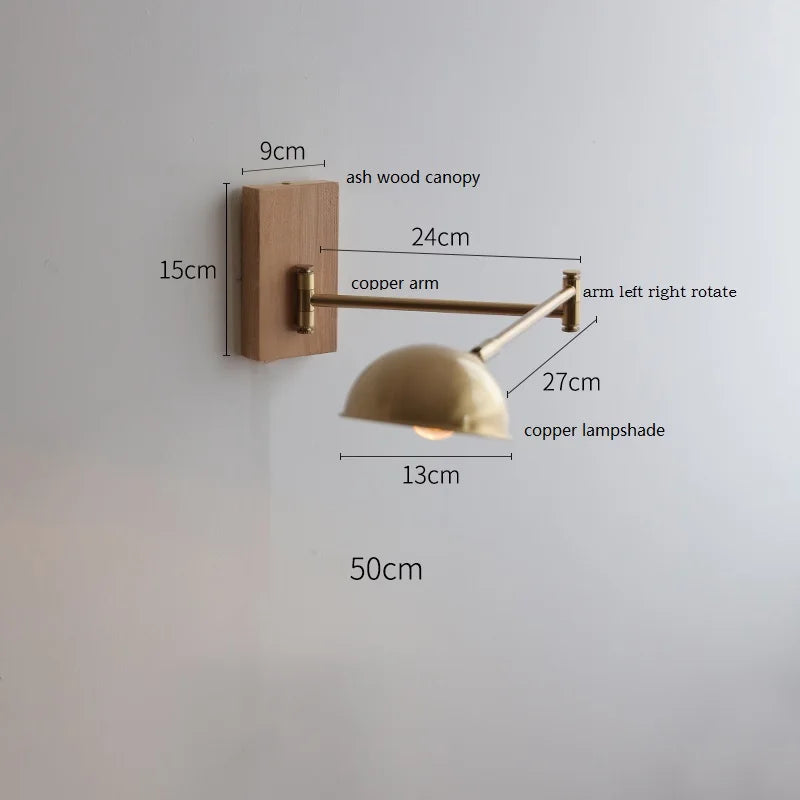 IWHD Walnut Ash Wood Canopy LED Wall Light Fixtures Pull Chain Switch Copper Arm Left Right Rotate Bedroom Beside Lamp Sconce