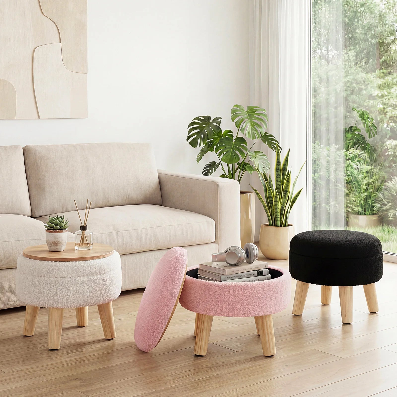 Round Teddy Velvet Storage Ottoman