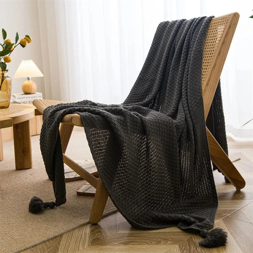 Nordic Chunky Knit Bedspread Knitted Throw Blanket with Tassel