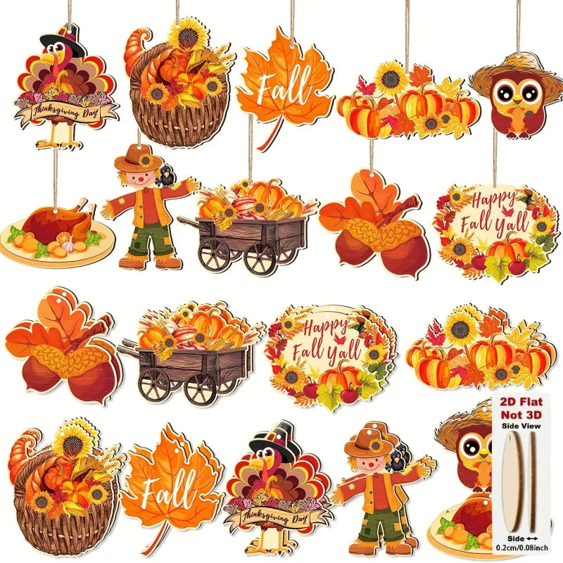 Wooden Pumpkin and Maple Leaf Hangings, Set of 10