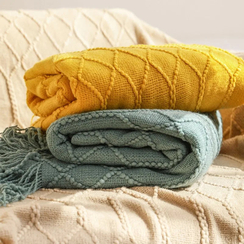 Khaki Gift Knitted Blanket with Tassels Chunky Vintage Luxury
