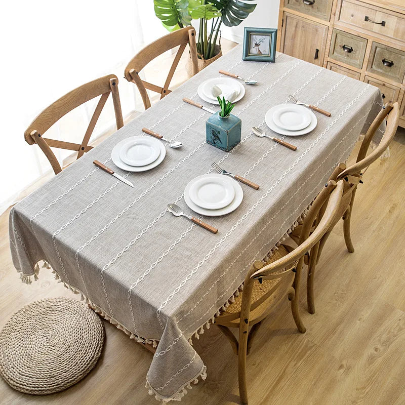 Cotton Linen Stripe Tassel Tablecloth Stain Resistant Dust-Proof Table