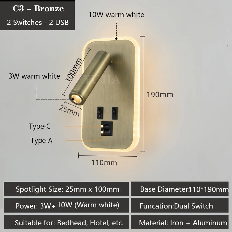 Modern Led Wall Sconce Reading Light 2 Switches Type-A & Type-C USB