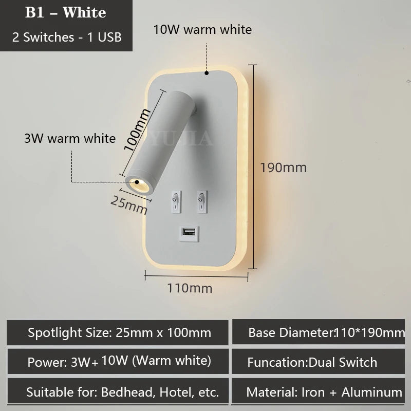 Modern Led Wall Sconce Reading Light 2 Switches Type-A & Type-C USB