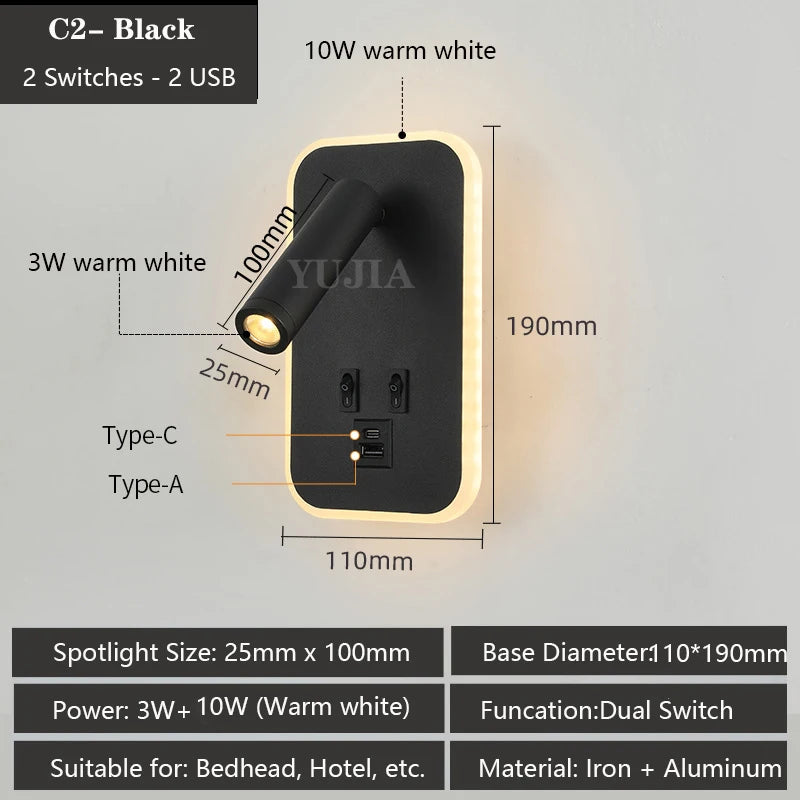 Modern Led Wall Sconce Reading Light 2 Switches Type-A & Type-C USB