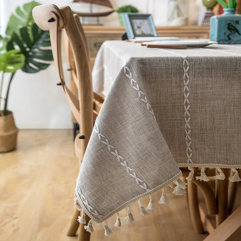 Cotton Linen Stripe Tassel Tablecloth Stain Resistant Dust-Proof Table