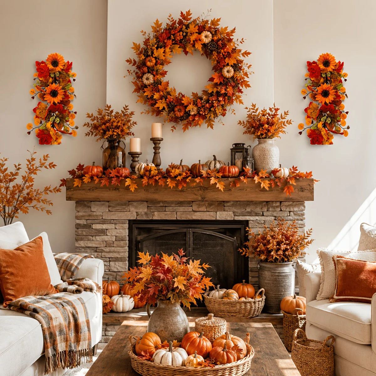 Autumn Sunflower and Maple Wreath, 2 Pack