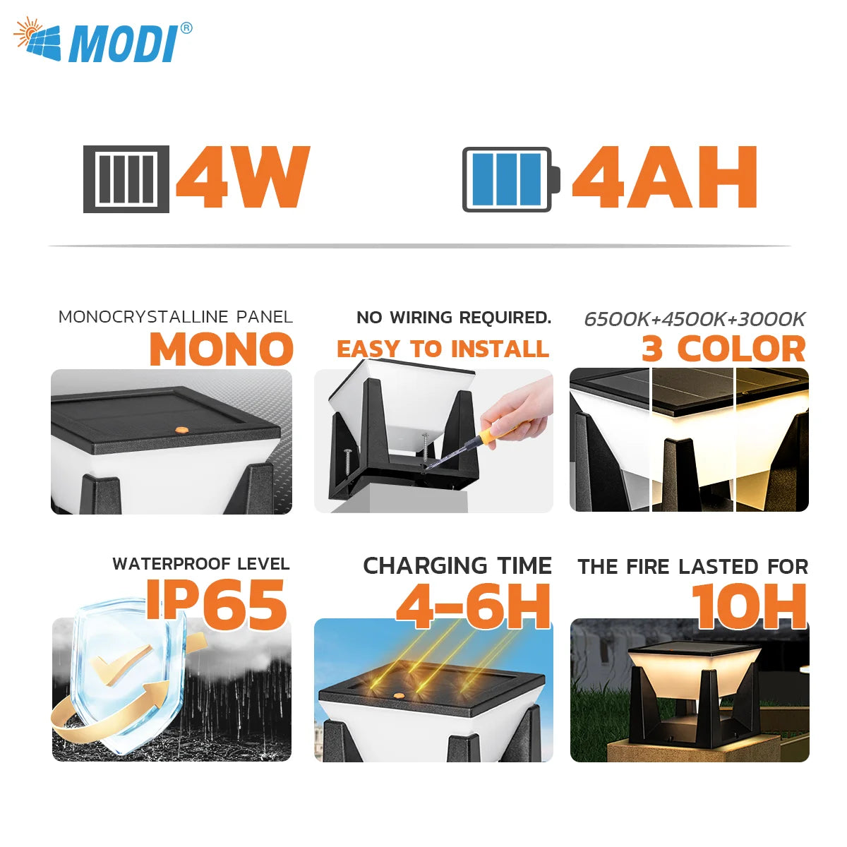 3-Color Solar Post Light IP65 Waterproof Outdoor Garden Yard Pathway