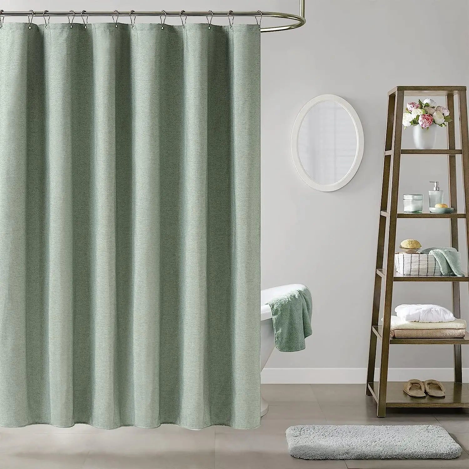 Luxury Linen Shower Curtain with Silver Metal Hooks Bathroom Waterproof