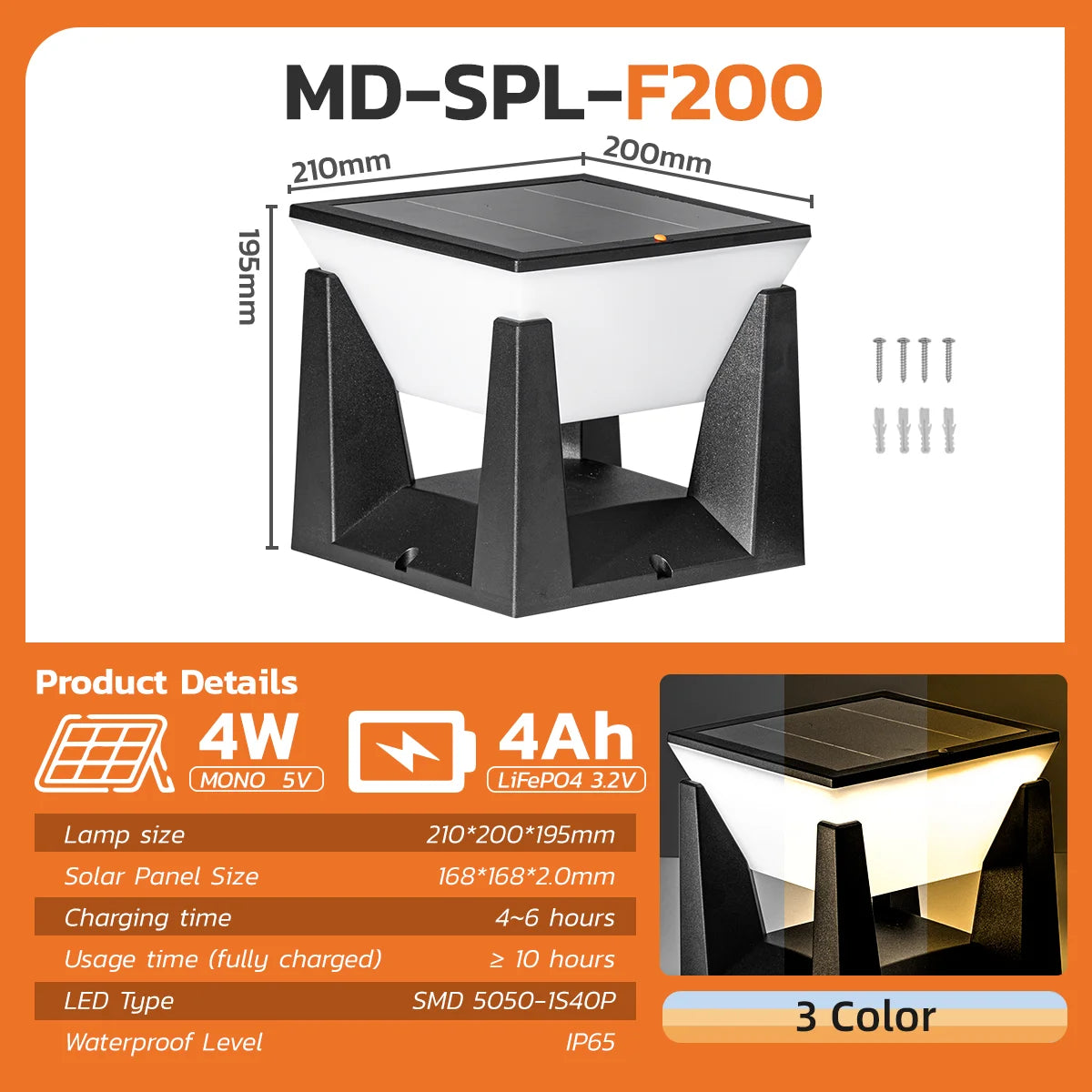 3-Color Solar Post Light IP65 Waterproof Outdoor Garden Yard Pathway