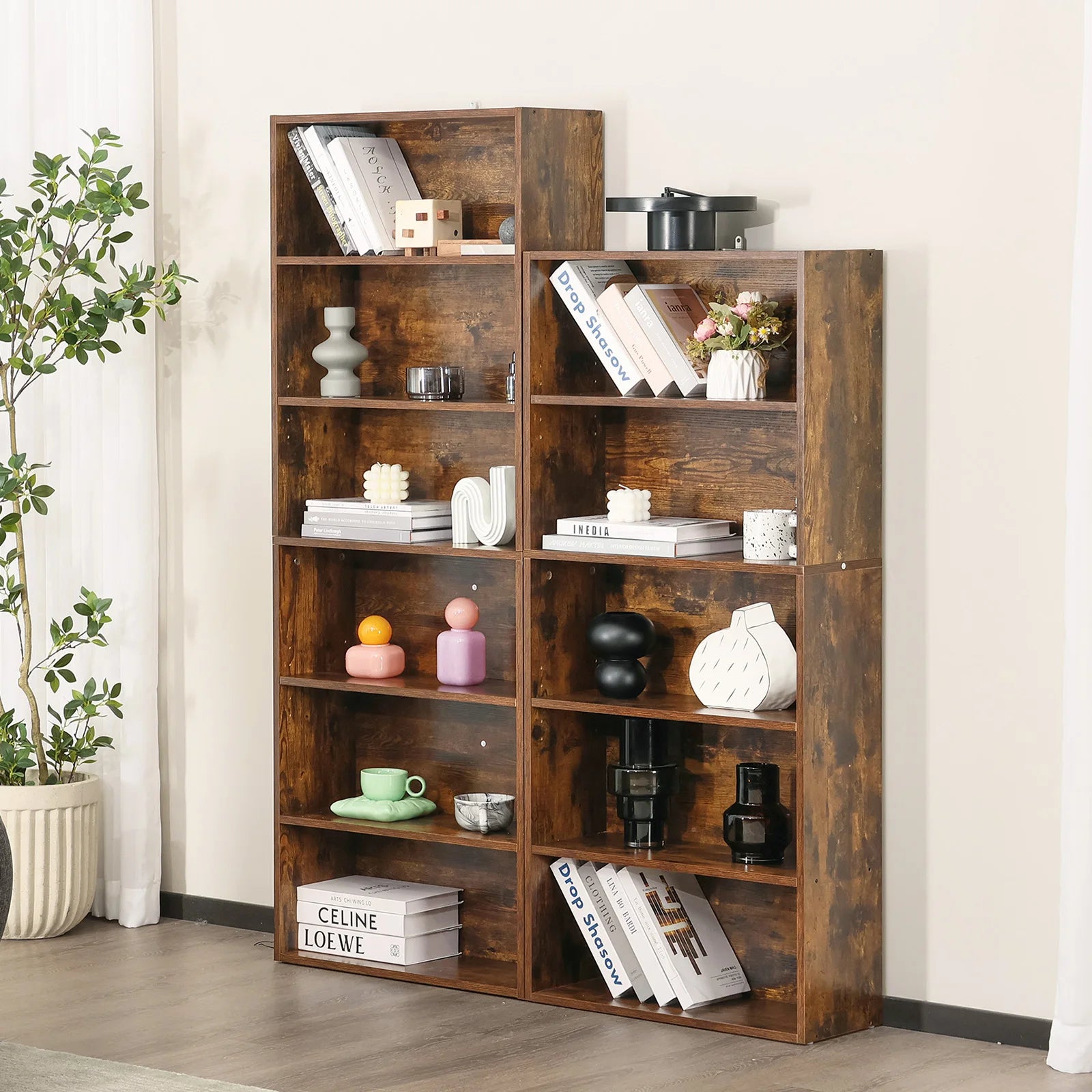 Six Tier Tall Wood Bookcase