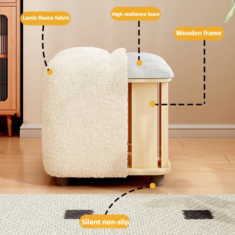 Lamb Wool Pouf Stool, Plush Footstool