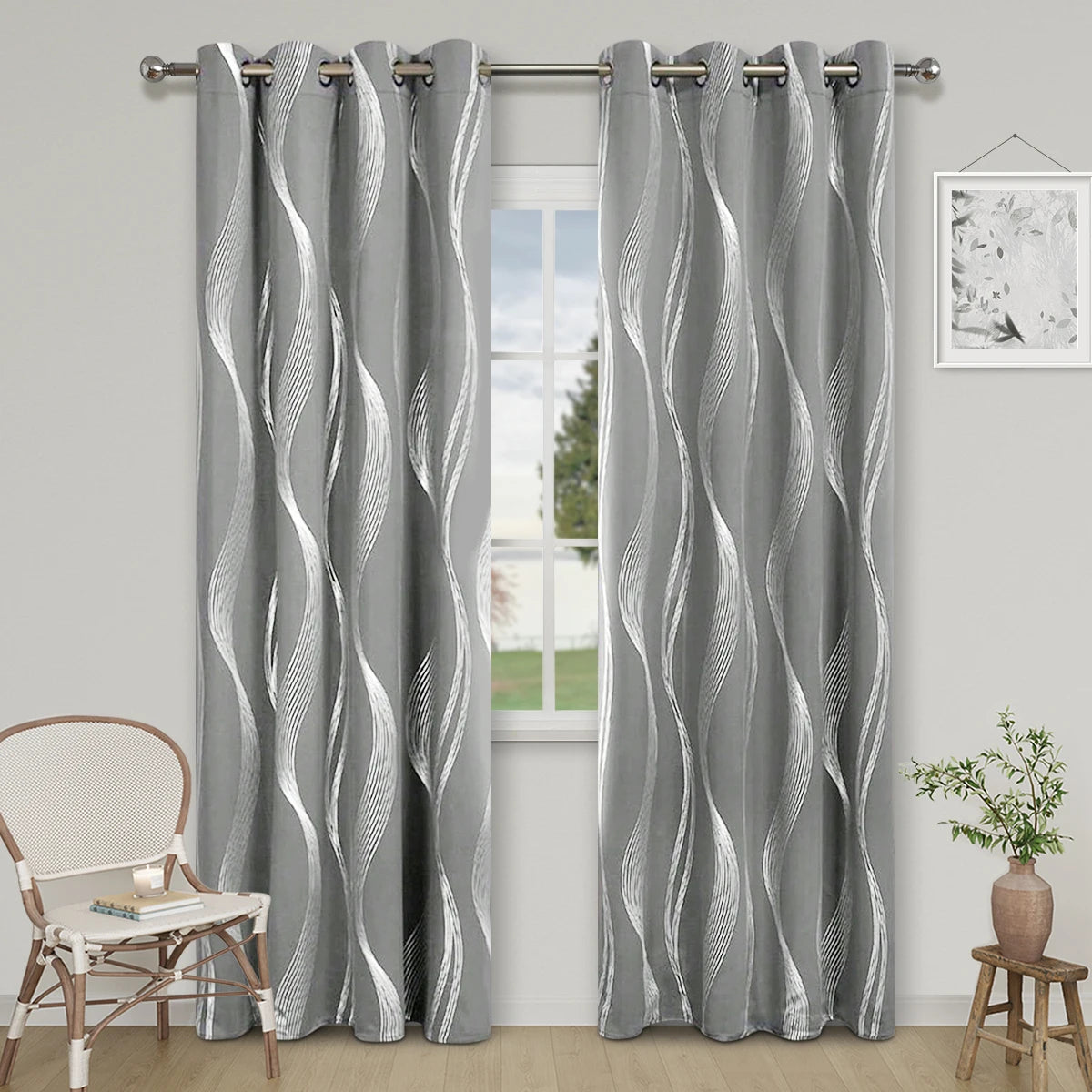 1pc High Precision Silver Embossed Wave Pattern Blackout Curtains
