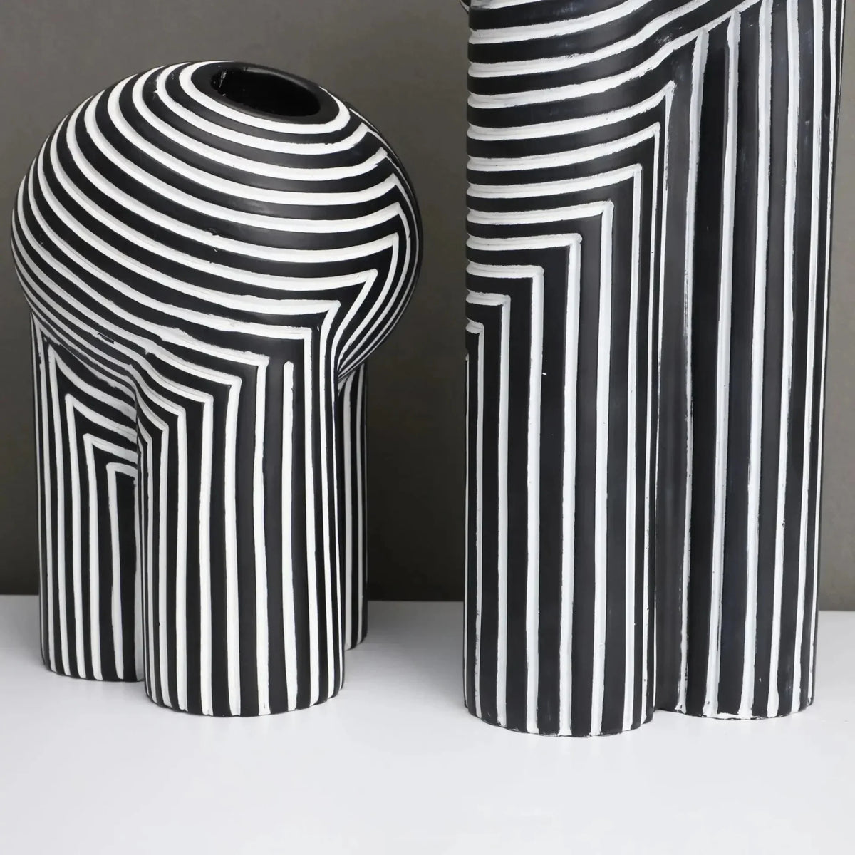 Black and White Striped Resin Vase, Abstract Sculptural