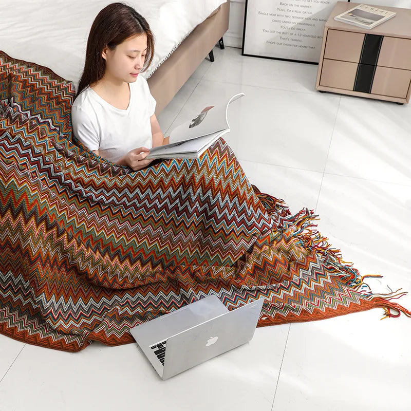 Boho Striped Knit Throw Blanket