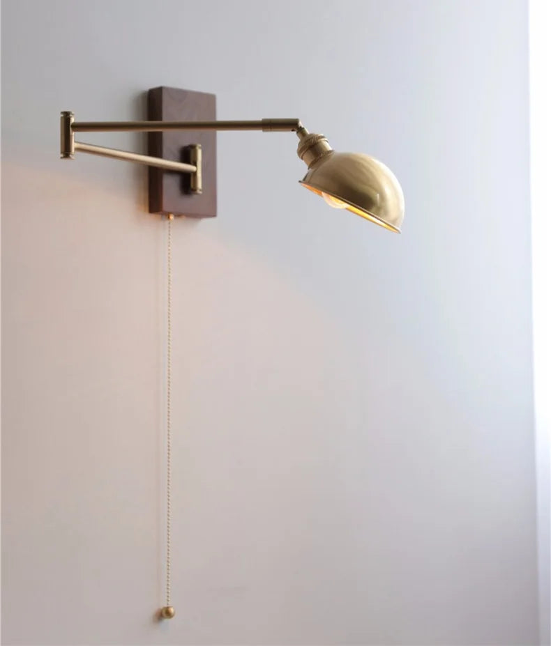 IWHD Walnut Ash Wood Canopy LED Wall Light Fixtures Pull Chain Switch Copper Arm Left Right Rotate Bedroom Beside Lamp Sconce