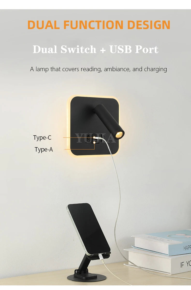 Modern Led Wall Sconce Reading Light 2 Switches Type-A & Type-C USB