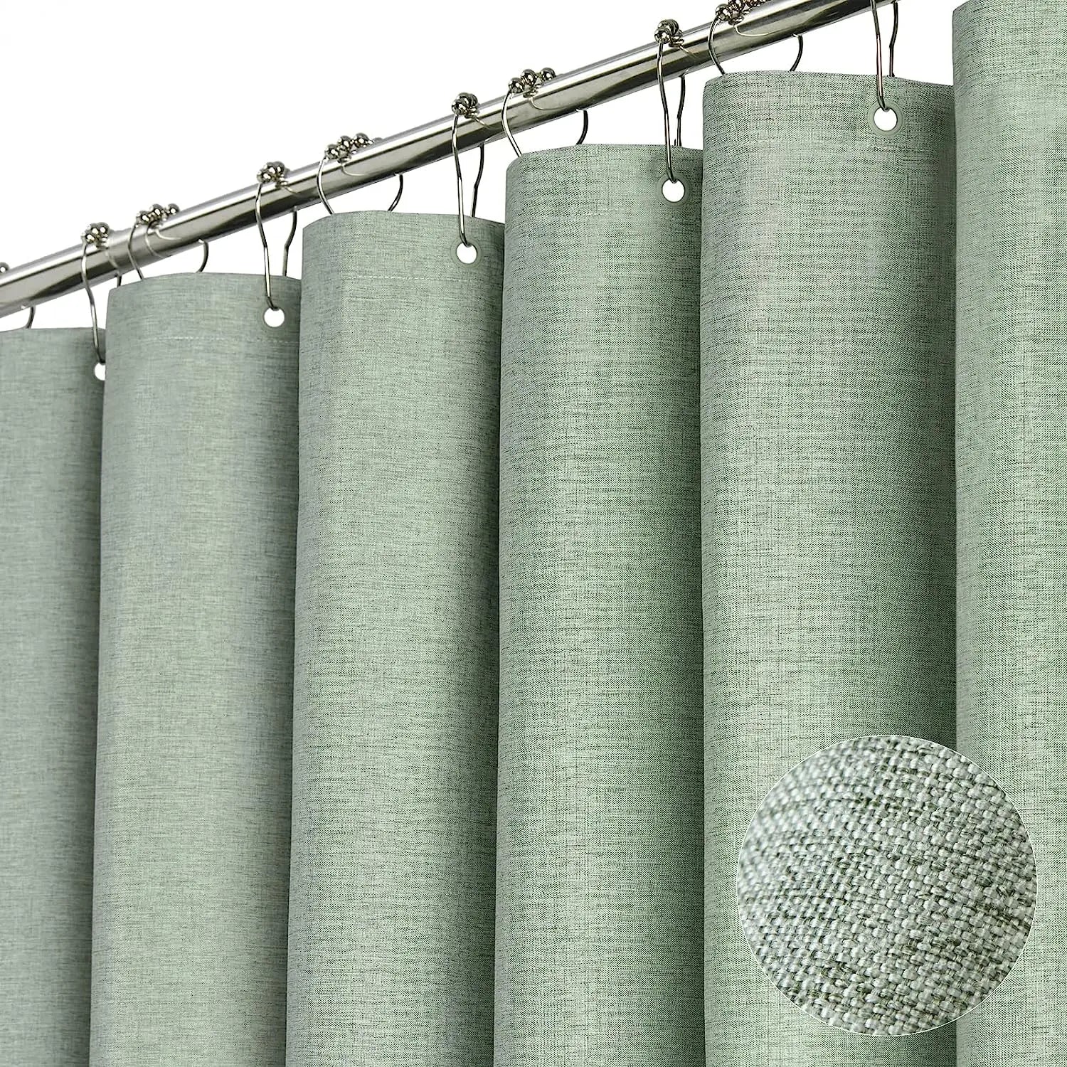Luxury Linen Shower Curtain with Silver Metal Hooks Bathroom Waterproof